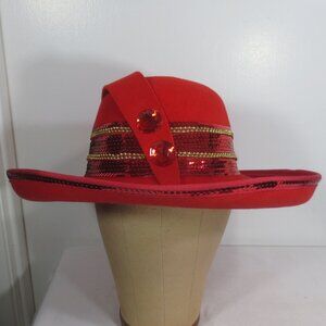 Sonni SF Women's Hat Bright Red Sequined Fancy Wide Brim Wool Felt Size 7 1/4